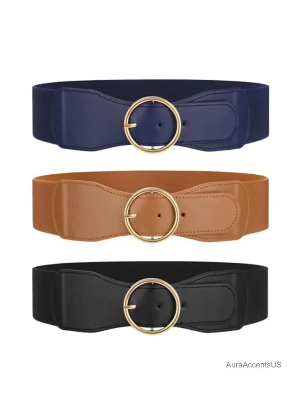 Women Elastic Stretchy Wide Belt with Gold O Ring Buckle